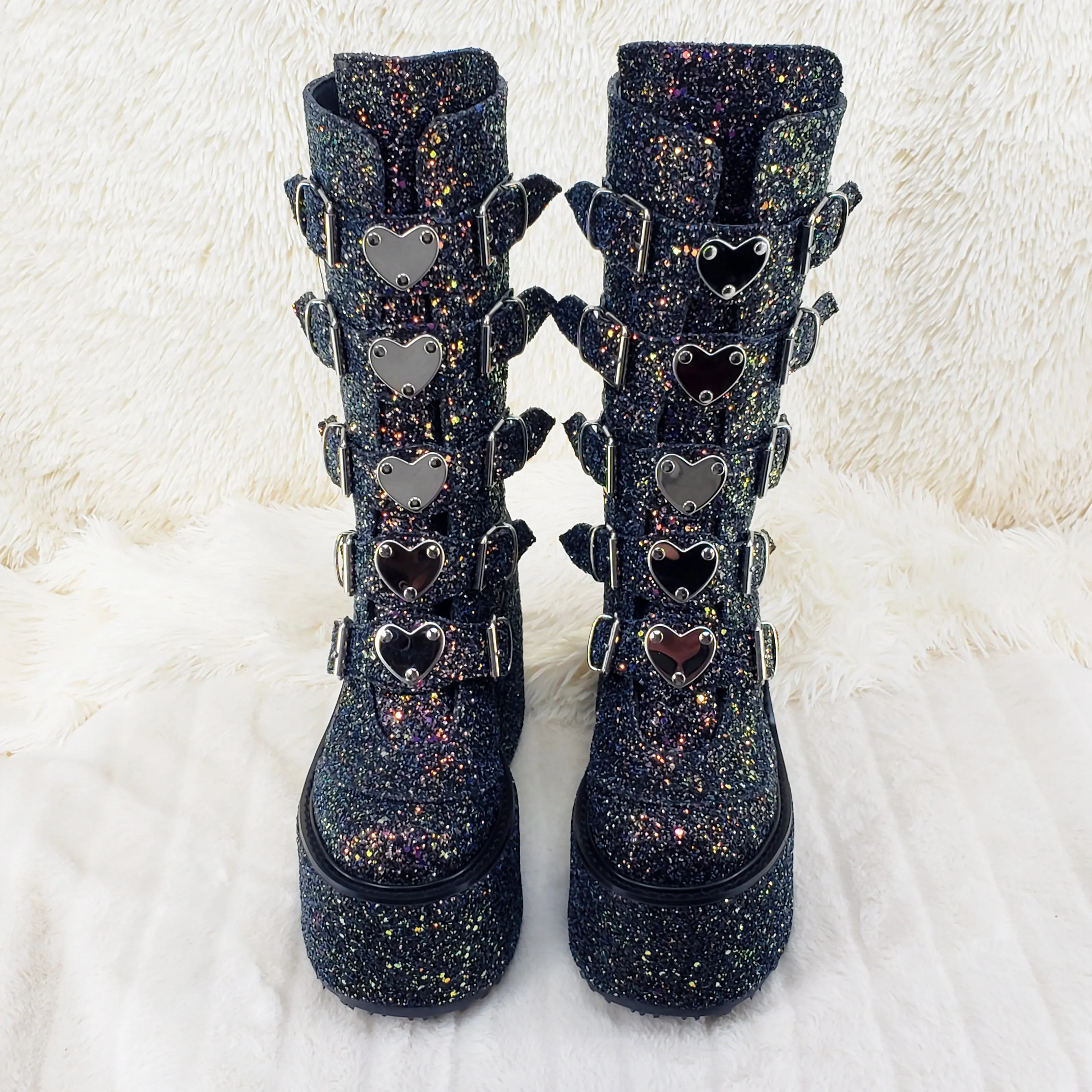 Swing 230G Black Glitter Mid Calf Boot 5.5" Platform Heart Strap Design Goth  - Demonia Direct