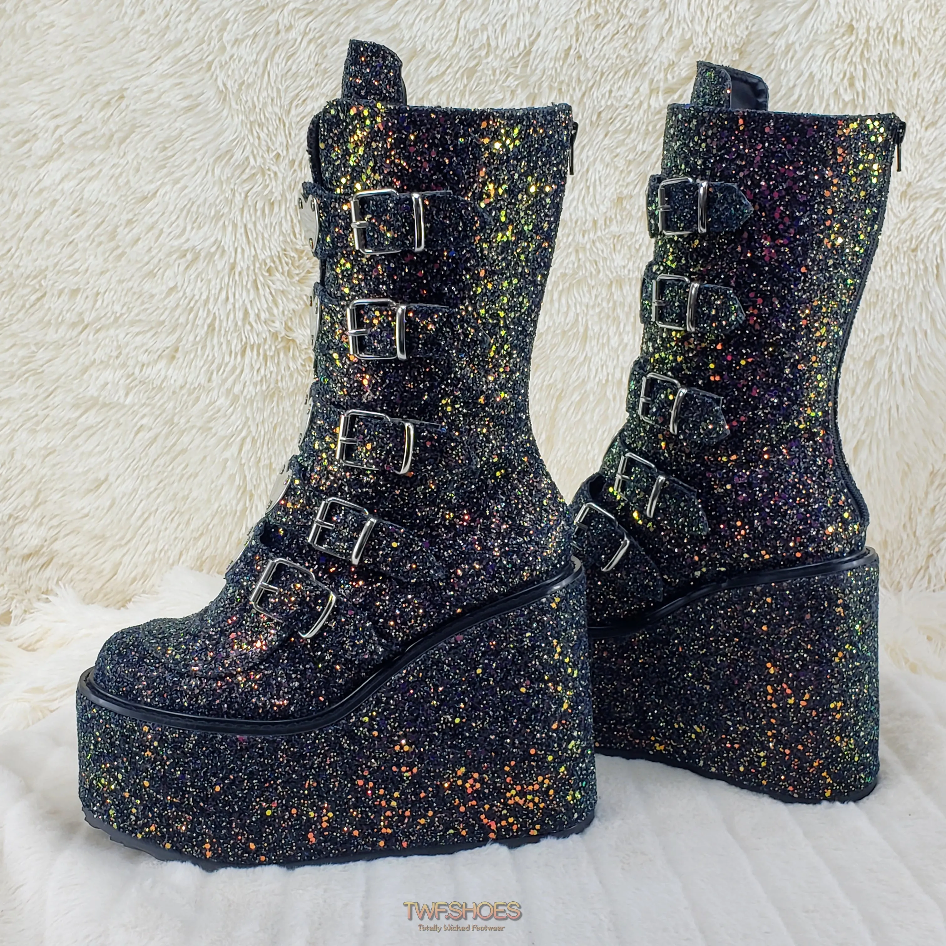 Swing 230G Black Glitter Mid Calf Boot 5.5" Platform Heart Strap Design Goth  - Demonia Direct