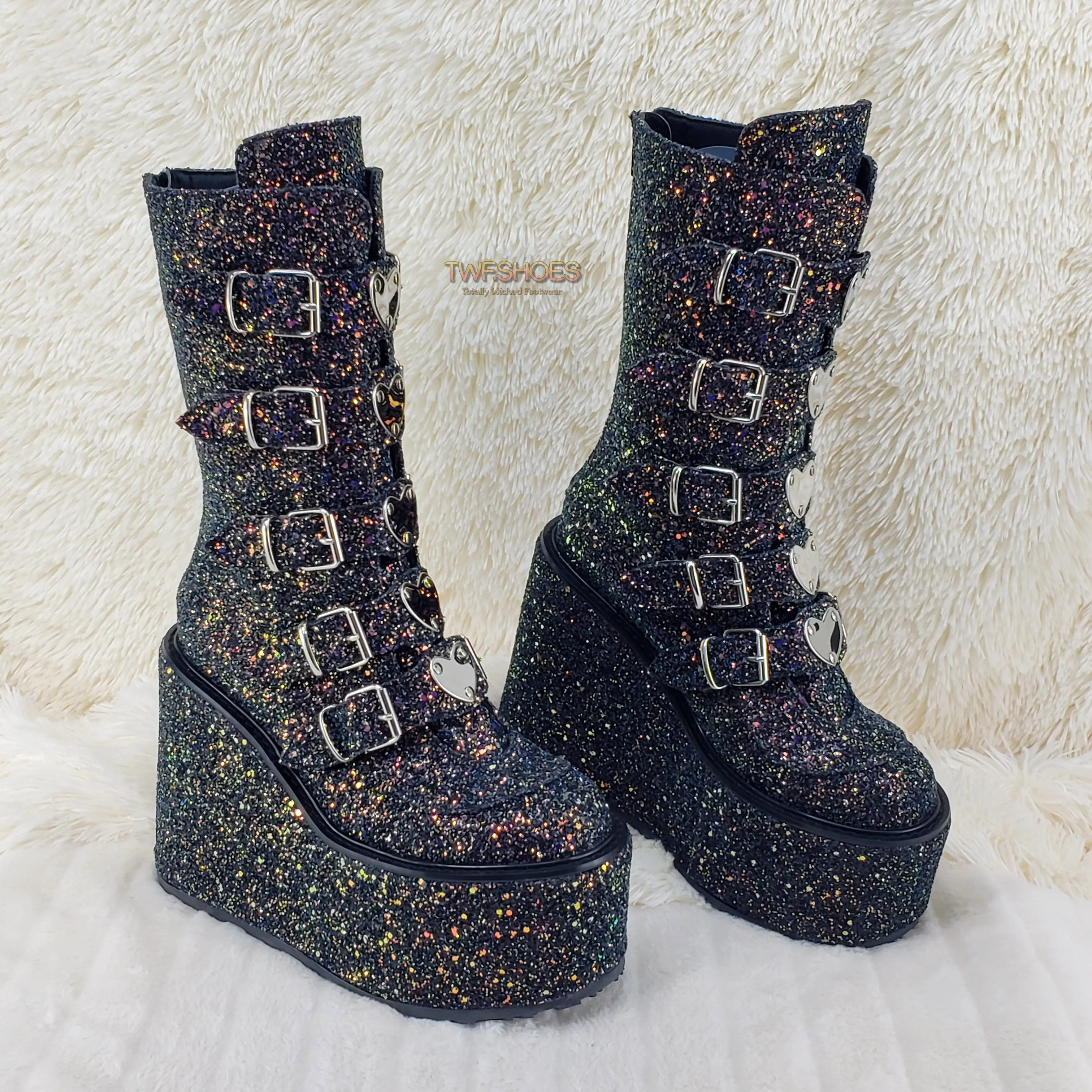 Swing 230G Black Glitter Mid Calf Boot 5.5" Platform Heart Strap Design Goth  - Demonia Direct