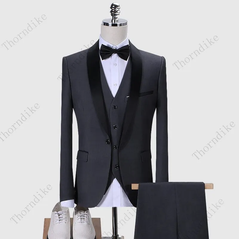 Thorndike Men Suits 3 Pieces Black Fit Casual Groomsmen Army Lapel Business Tuxedos for Formal Wedding(Blazer Pants Vest)