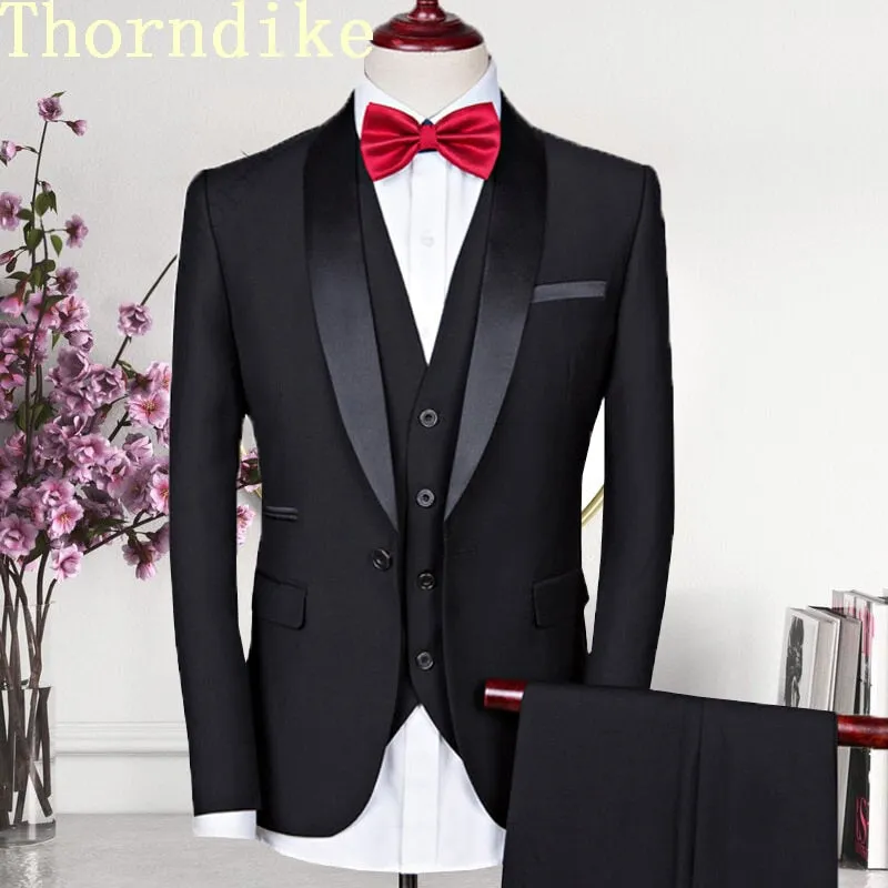 Thorndike Men Suits 3 Pieces Black Fit Casual Groomsmen Army Lapel Business Tuxedos for Formal Wedding(Blazer Pants Vest)