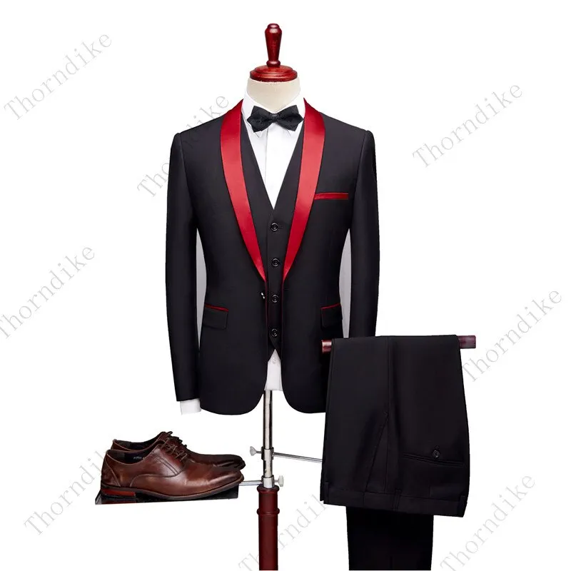 Thorndike Men Suits 3 Pieces Black Fit Casual Groomsmen Army Lapel Business Tuxedos for Formal Wedding(Blazer Pants Vest)