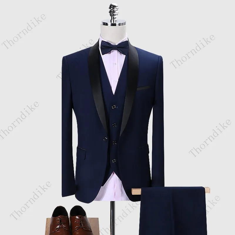 Thorndike Men Suits 3 Pieces Black Fit Casual Groomsmen Army Lapel Business Tuxedos for Formal Wedding(Blazer Pants Vest)