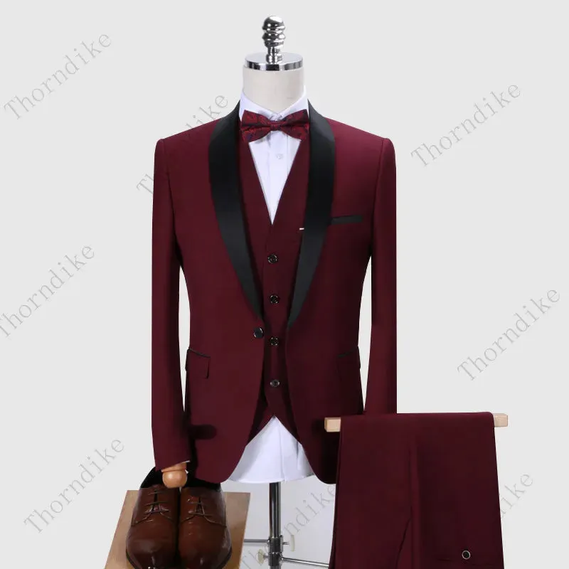Thorndike Men Suits 3 Pieces Black Fit Casual Groomsmen Army Lapel Business Tuxedos for Formal Wedding(Blazer Pants Vest)