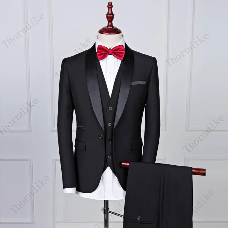 Thorndike Men Suits 3 Pieces Black Fit Casual Groomsmen Army Lapel Business Tuxedos for Formal Wedding(Blazer Pants Vest)