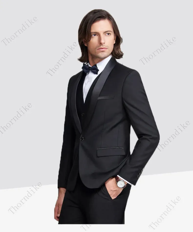 Thorndike Men Suits 3 Pieces Black Fit Casual Groomsmen Army Lapel Business Tuxedos for Formal Wedding(Blazer Pants Vest)